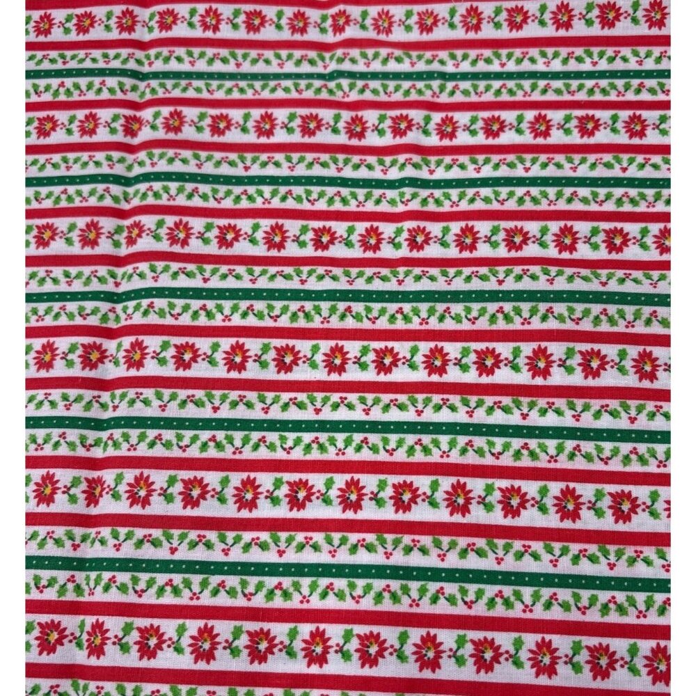 Christmas Striped Fabric Poinsettia & Holly 20" x 38" Red/Green Cotton Quilting